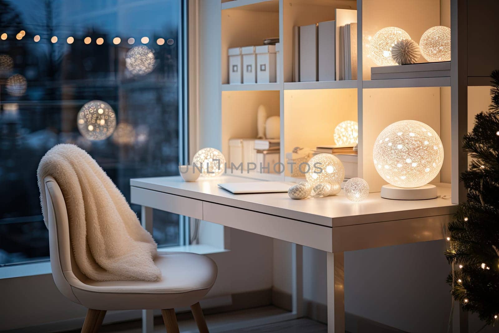 a desk with christmas lights on it and a chair in front of the window looking out to the city outside