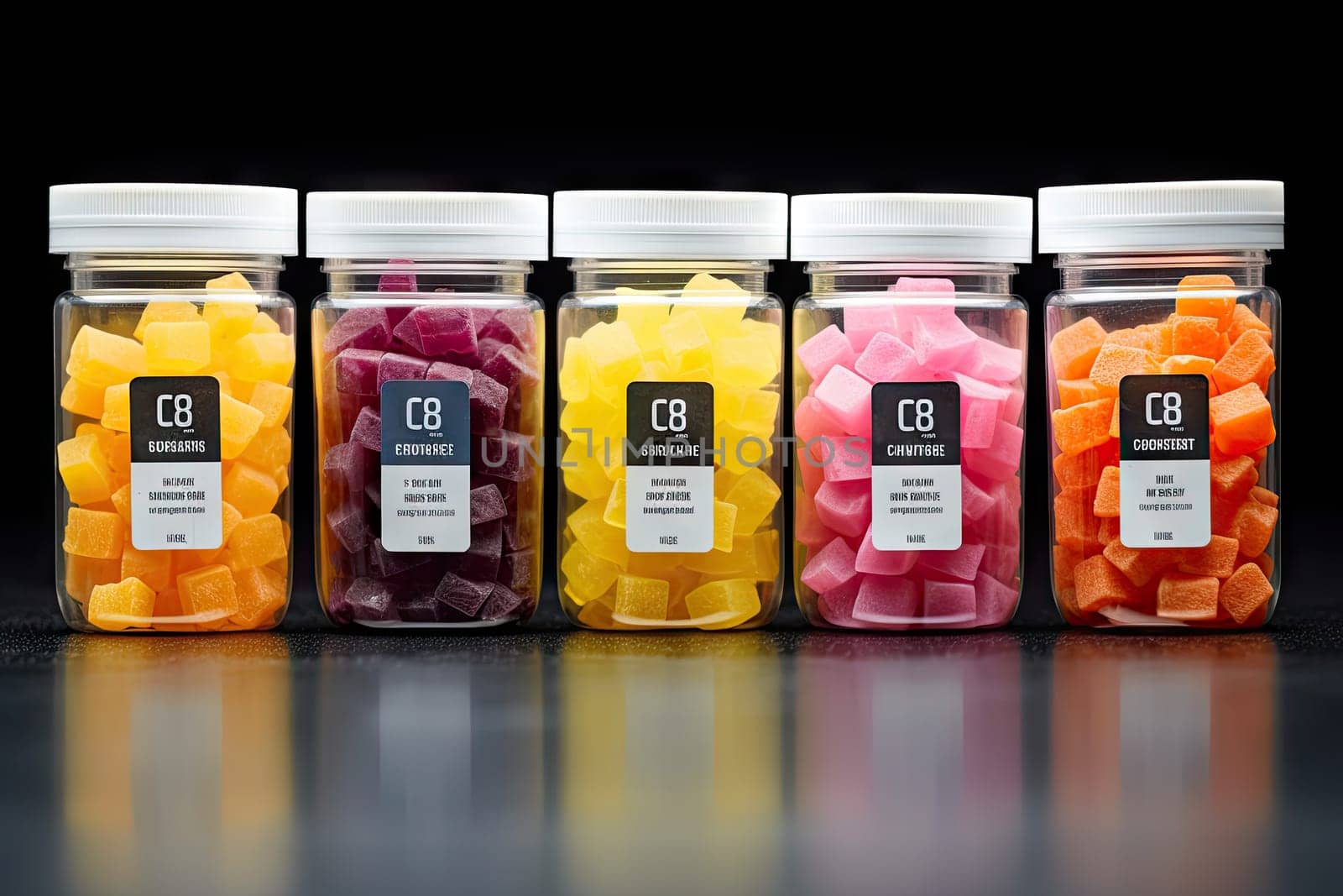 CBG Gummies. three jars with different colored candis in them, one is orange, the other is pink and yellow as well