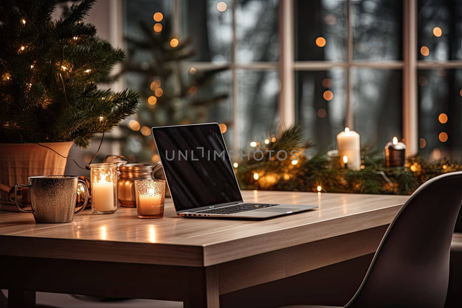 a laptop computer sitting on a table in front of a window with candles and christmas lights around the windows behind it