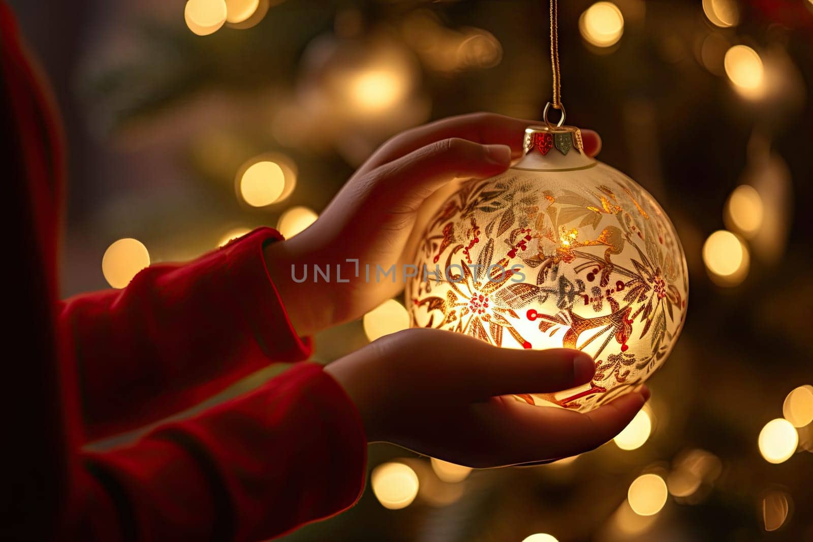 someone's hand holding a christmas orname in front of a christmas tree with lights on the other side