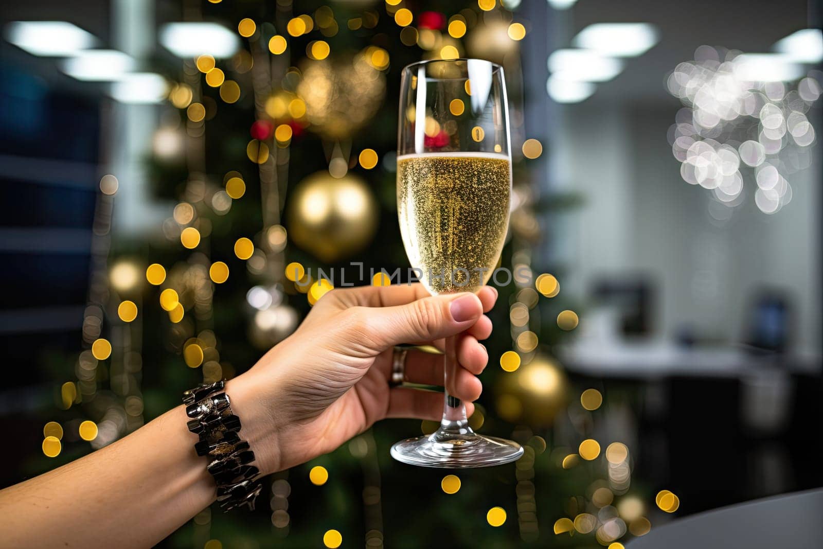 someone's hand holding a glass of champagne in front of a christmas tree with lights on the other side