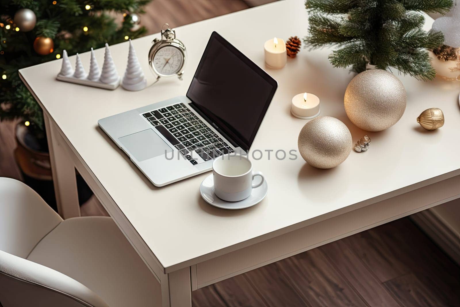 a laptop on a table next to a christmas tree with candles, ornaments and balls around the desk is an empty white coffee cup