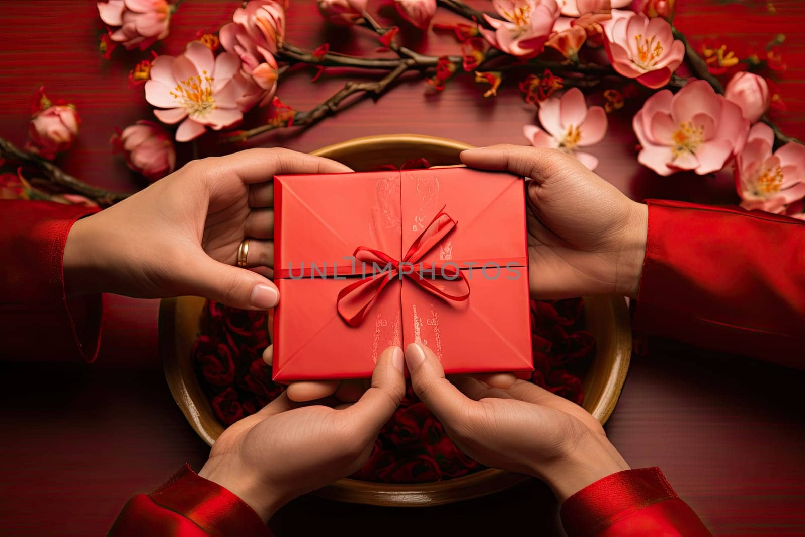 two hands holding a red gift box in front of cherry blossoms on a wooden background with text overlay that says happy valentine's day