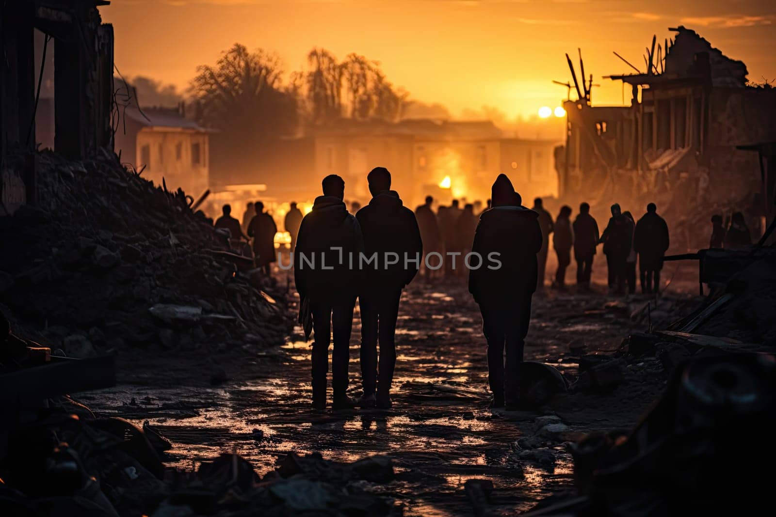 people walking through a flooded street at sunset by golibtolibov