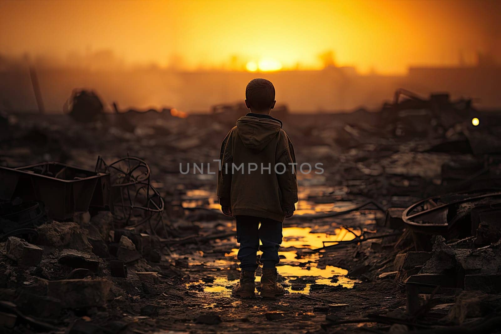 a person standing in the middle of a pile of junks, looking out to the sun setting behind them