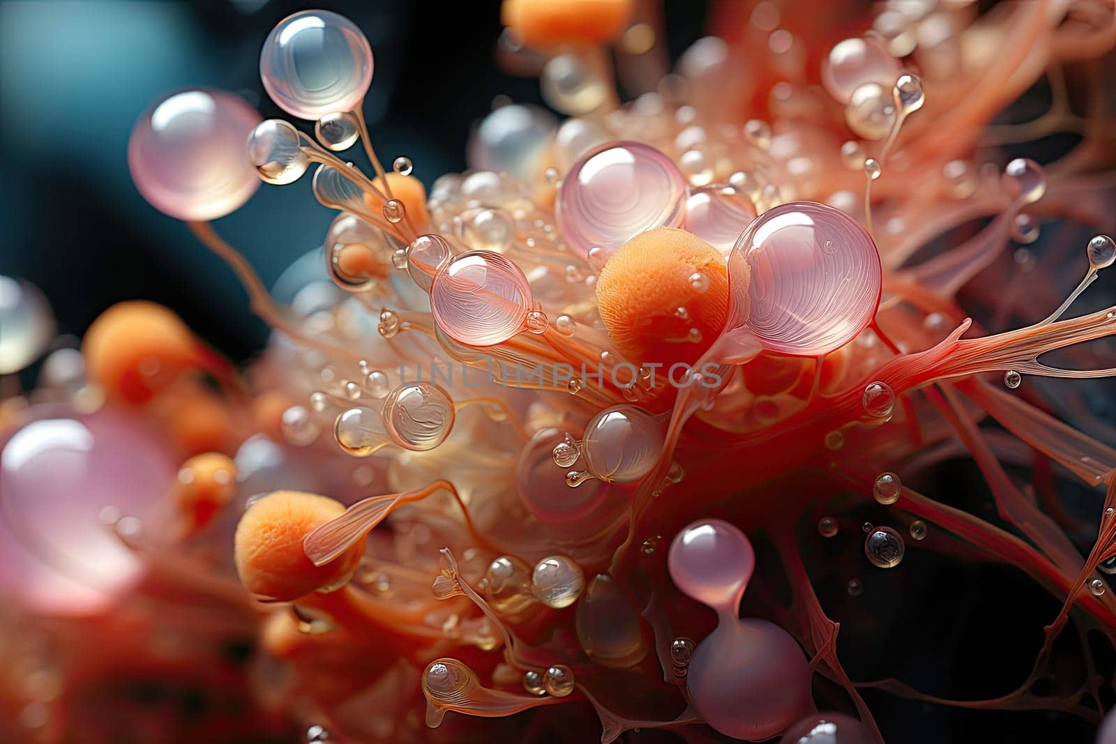 an orange and pink flower with water droplets on it's petals, taken from the top down to the bottom