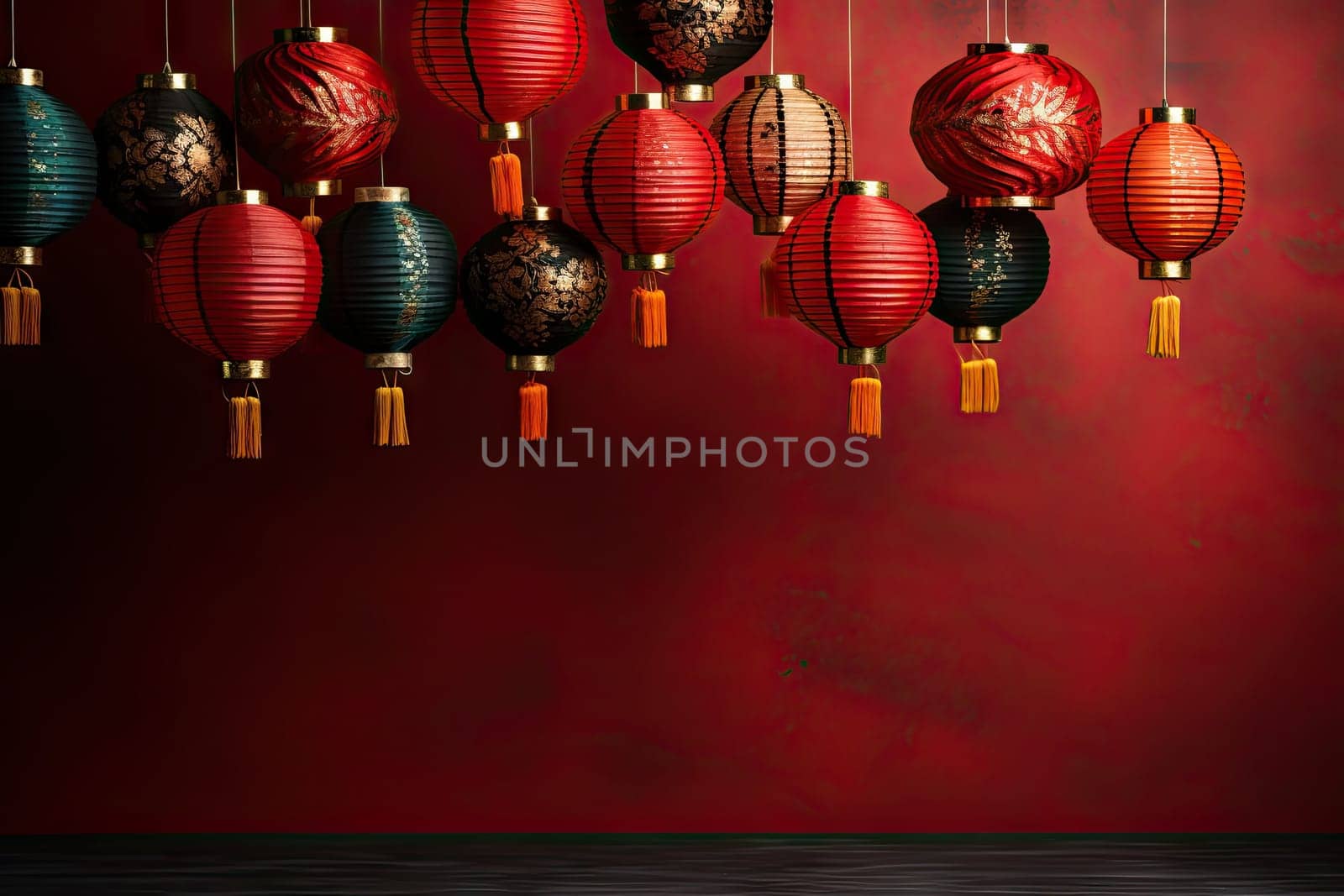 chinese lanterns hanging from the ceiling in front of a red wall and wooden floor with copy space for your text