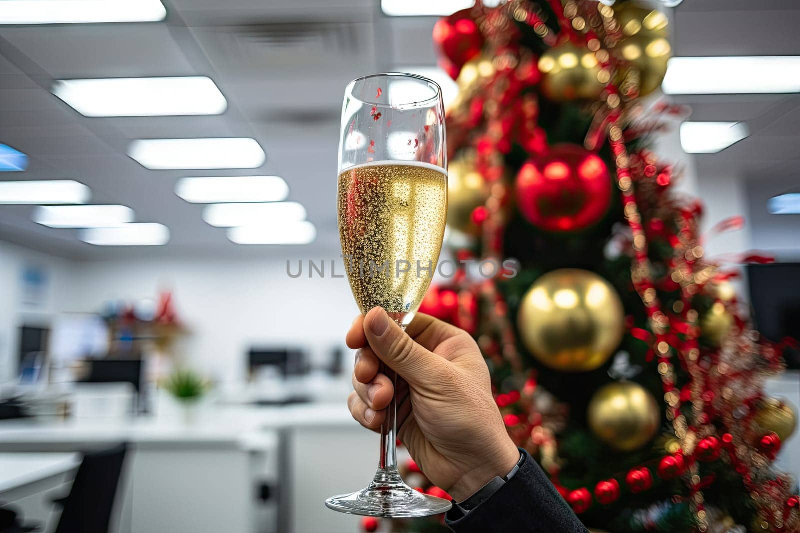 someone's hand holding a glass of champagne in front of a christmas tree with red and gold decorations on it