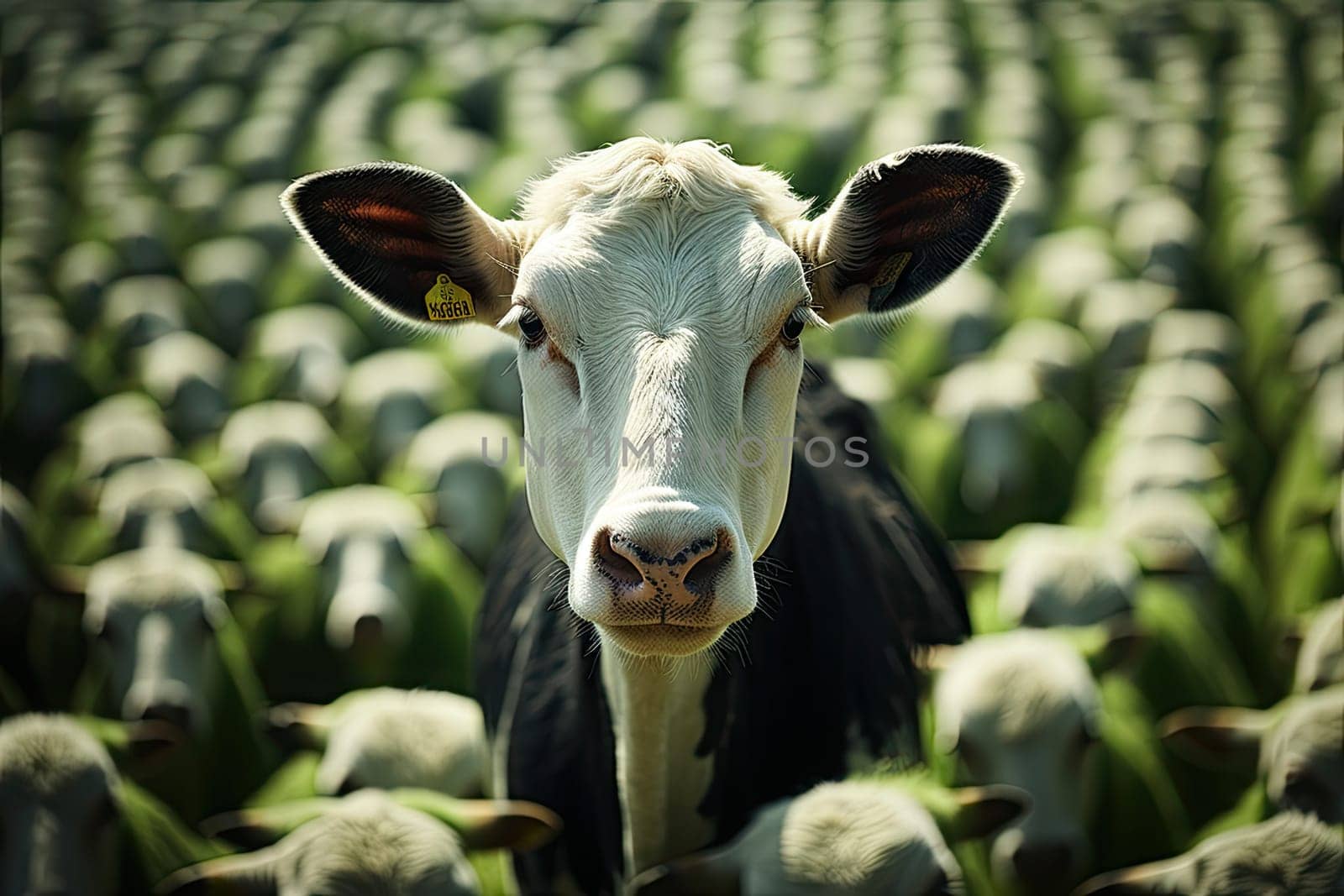 a black and white cow in the middle of a corn field looking at the camera with its head tilted towards the camera