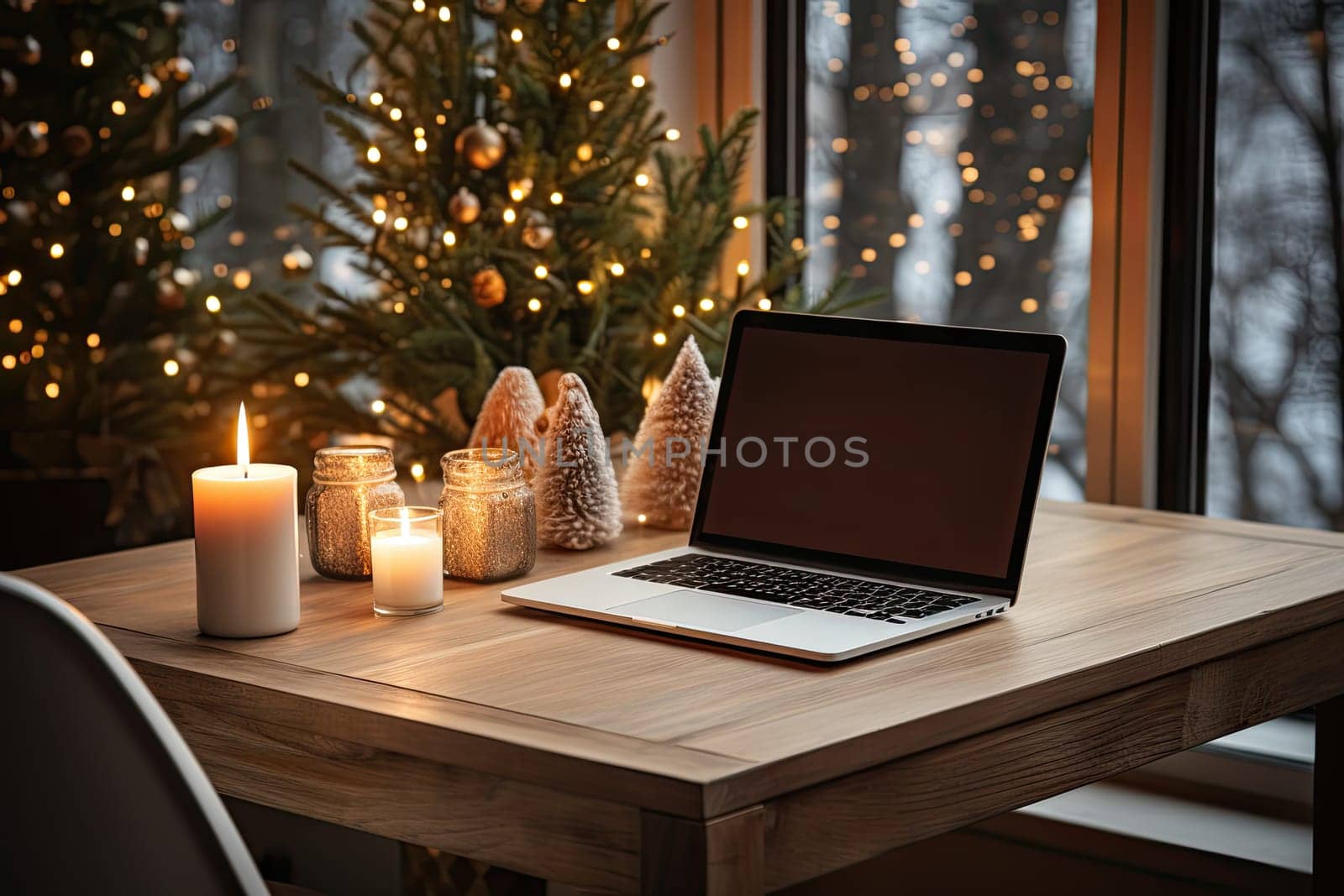 a laptop computer on a table with candles and christmas decorations in the window sid behind it is a lit pine tree