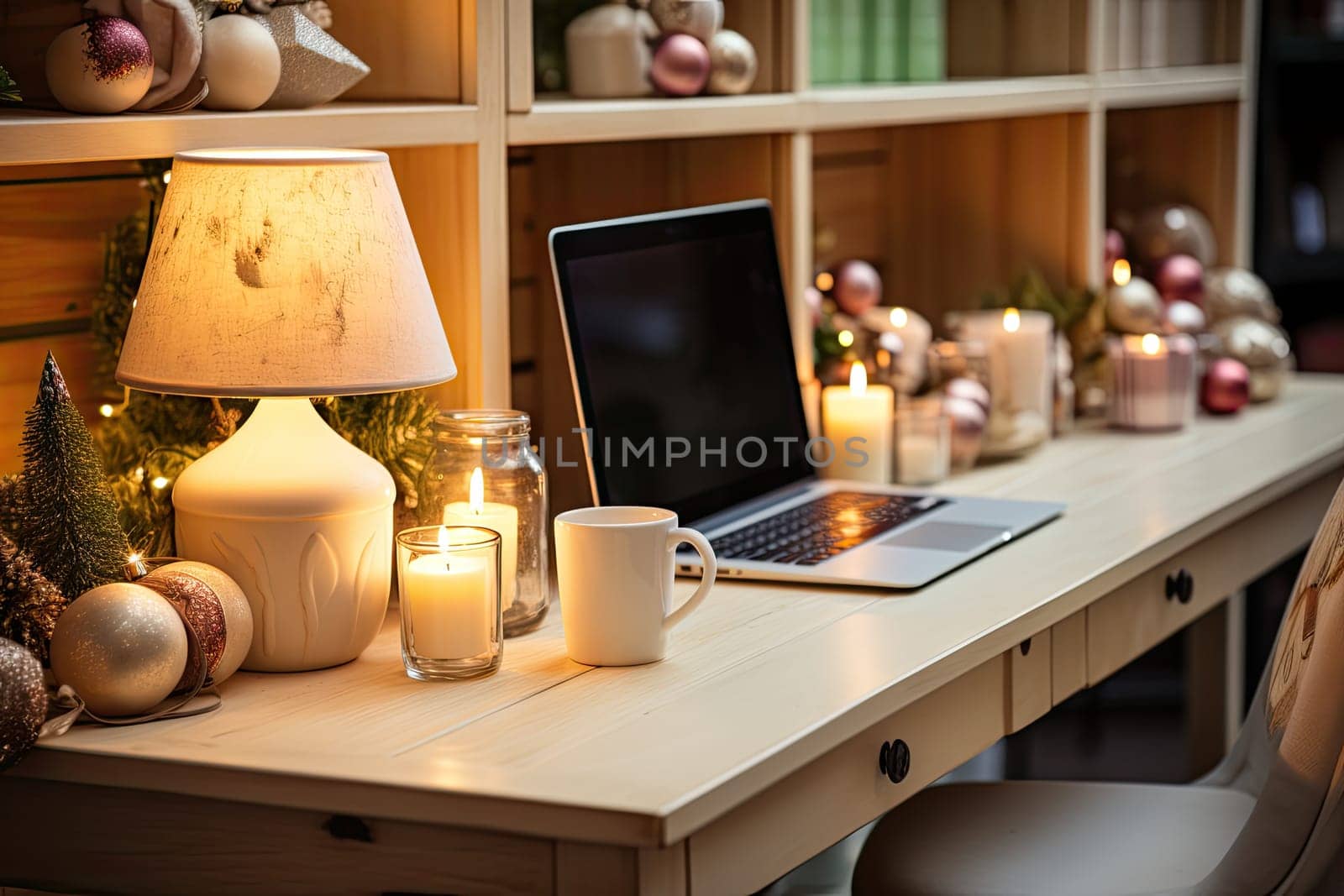 a desk with a laptop, candle and christmas decorations on the table next to it is a cup of coffee