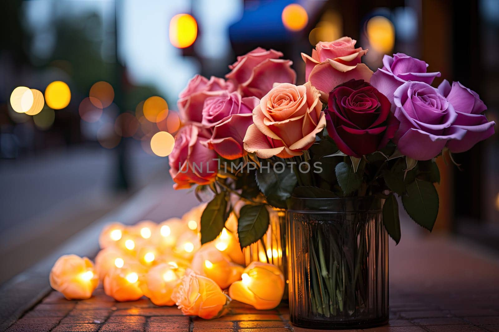 flowers in a vase on a table with candles and lights all around the place where there is no one flower