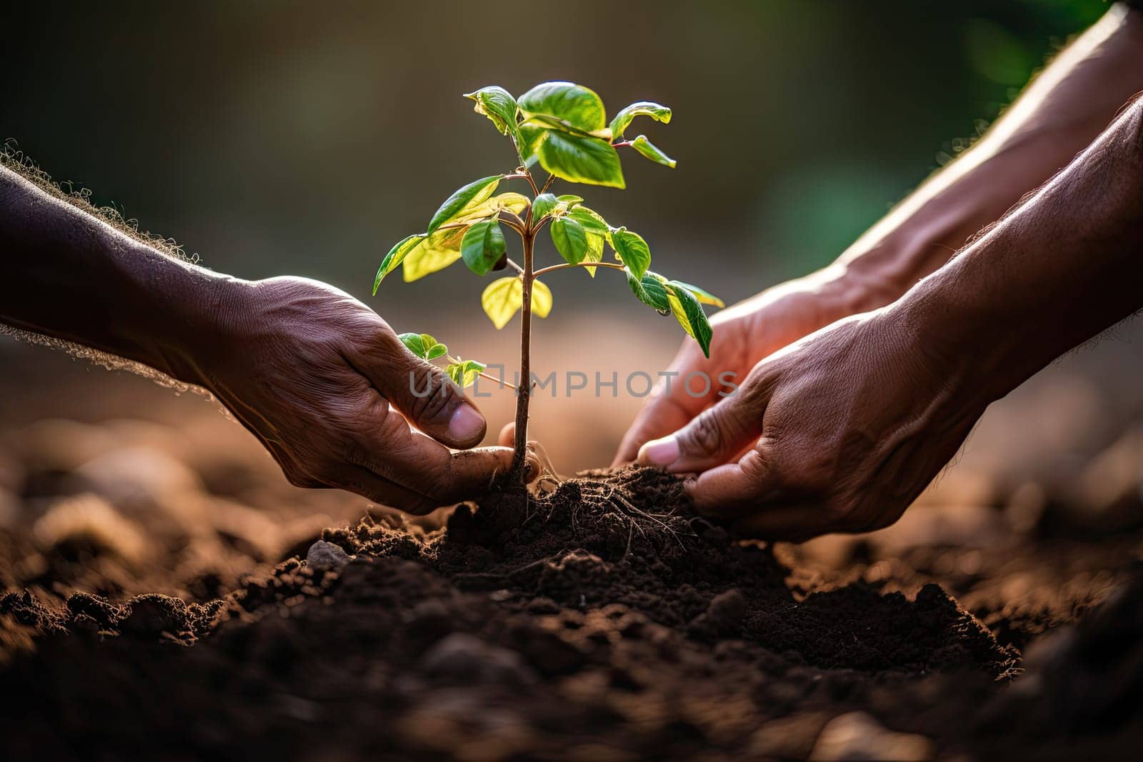 two hands holding a young plant that is growing out of the soil, and it's being held by another hand