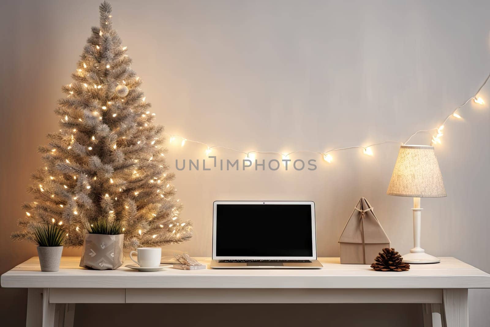 a white christmas tree with lights and a laptop on a desk in front of a wall decorated with garlands