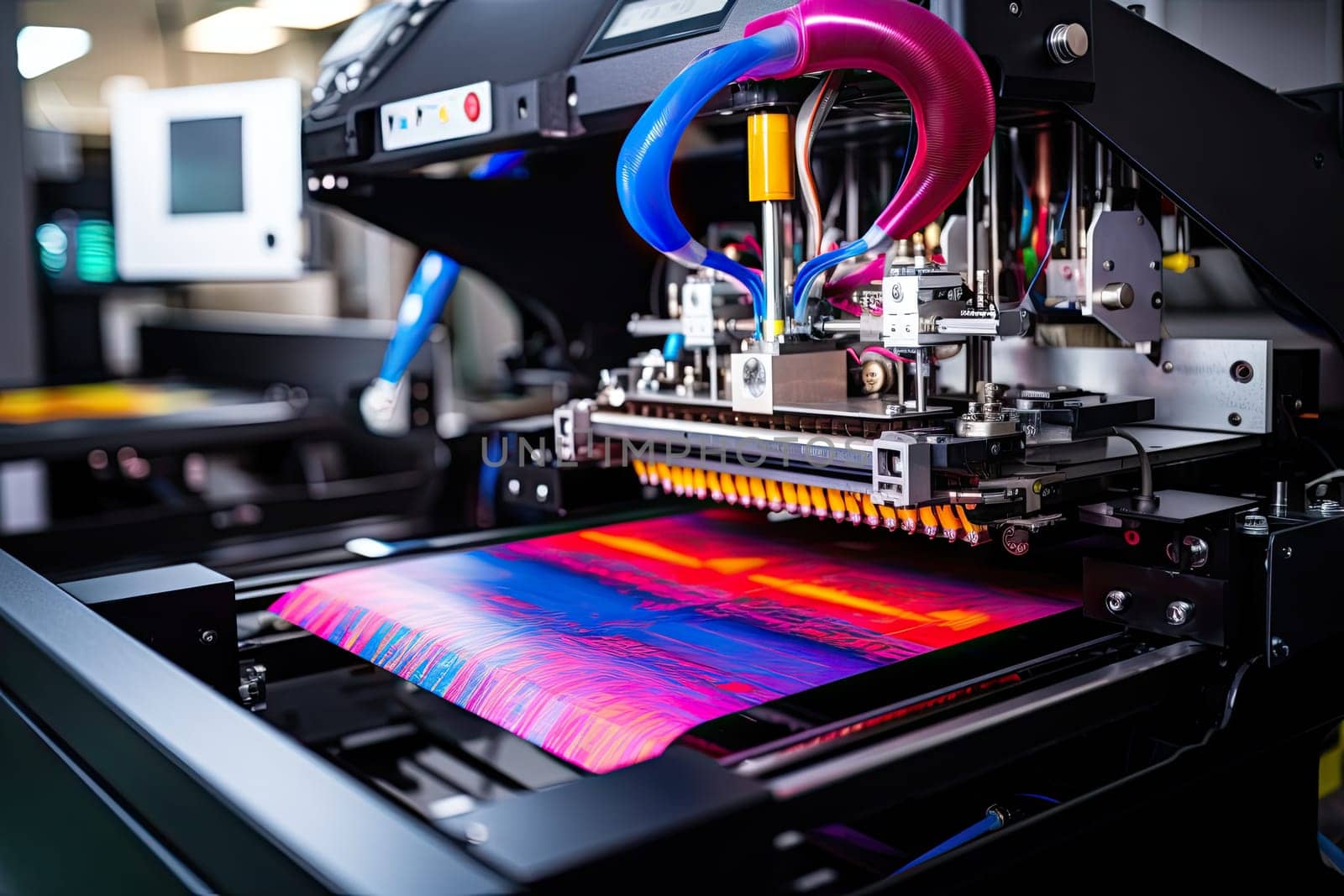 close up of an industrial printer printing a large screen by golibtolibov