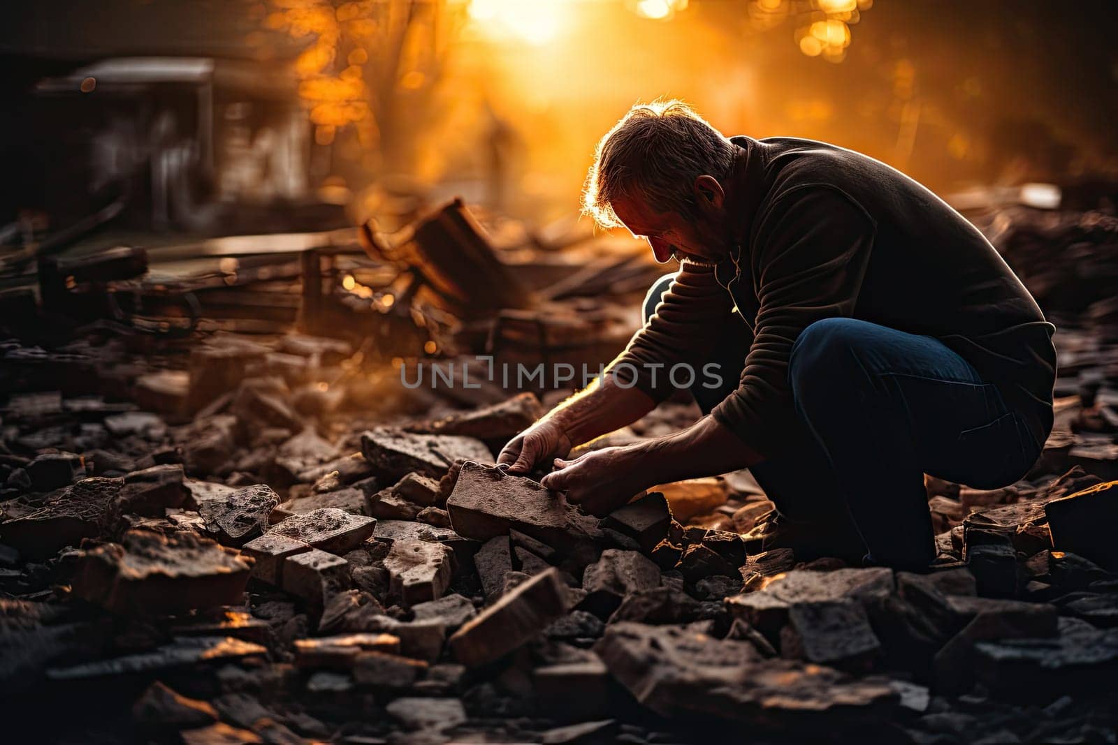 a man in the middle of a pile of rubble with his hands on the ground, looking down at something