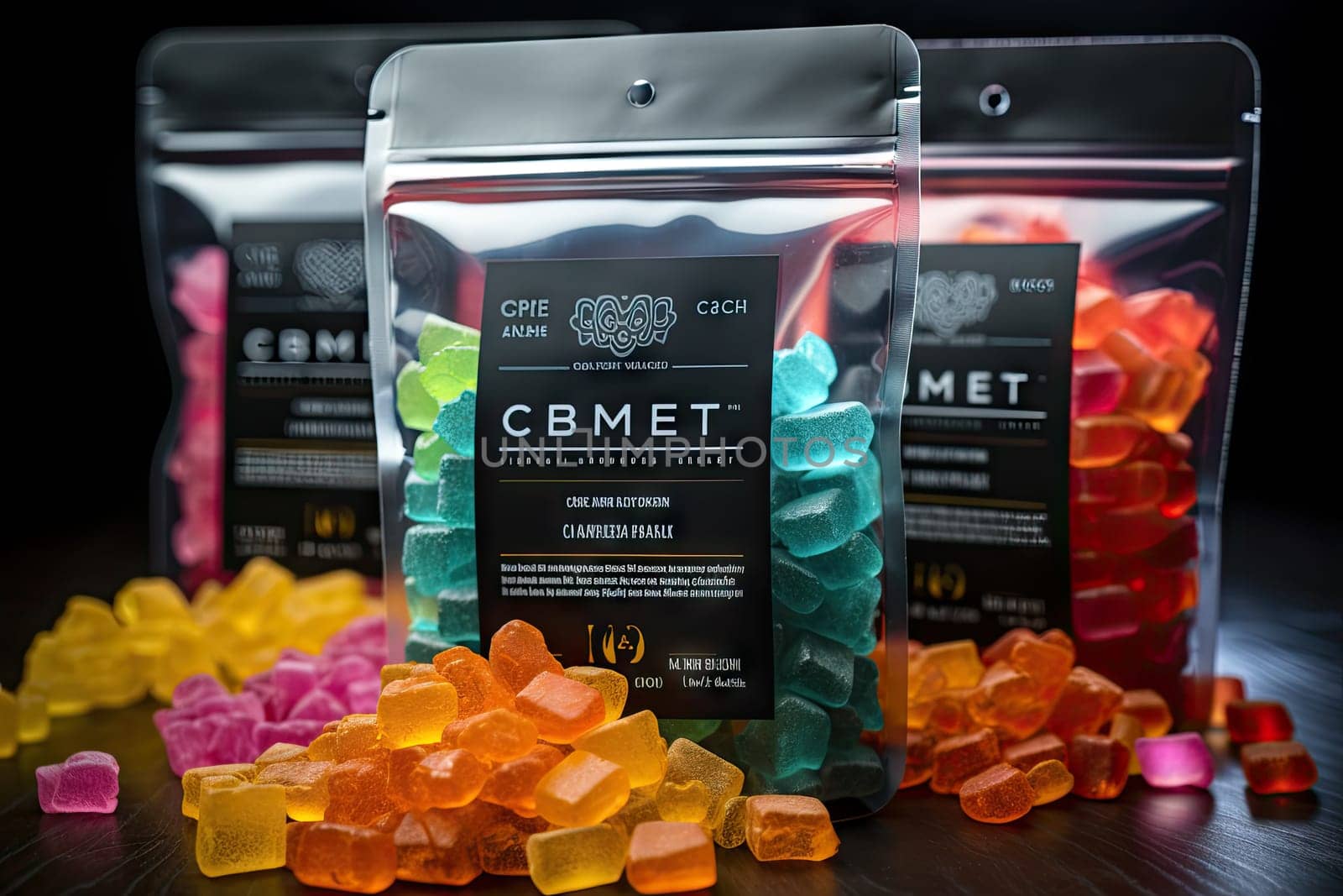 CBG Gummies. three bags of gums on a table with one bag of gums in front and the other packs behind them