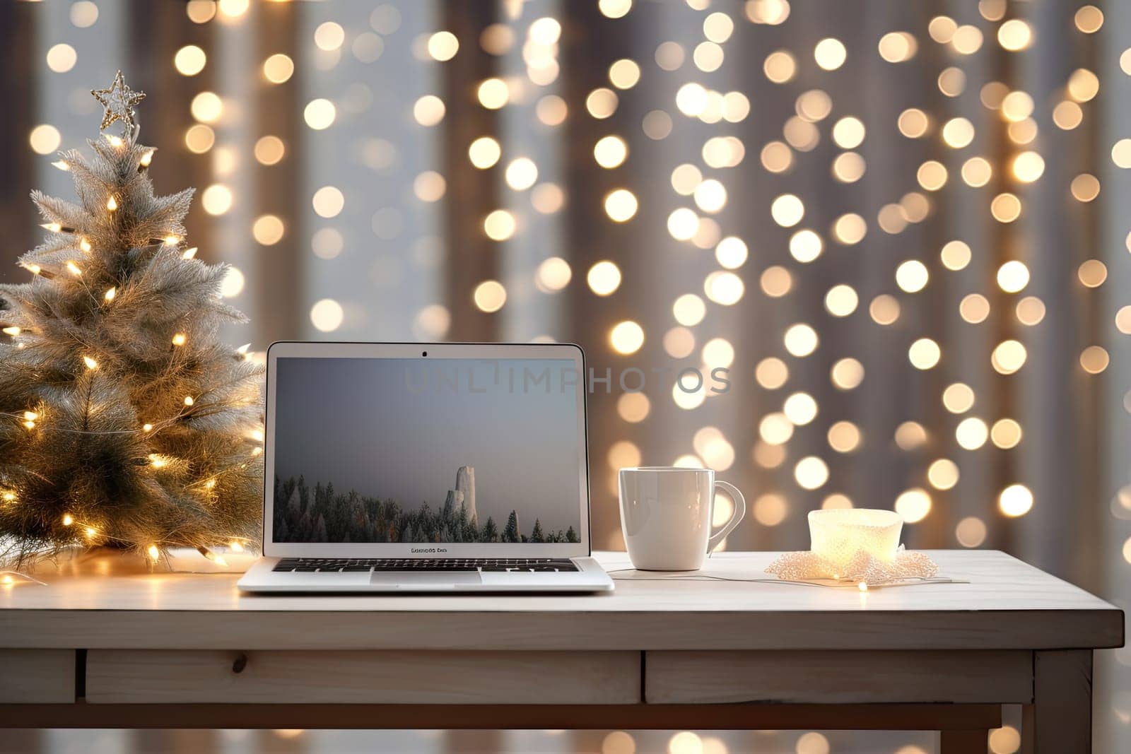 a christmas tree on a desk with a laptop and coffee cup in front of the image is blurred lights behind it