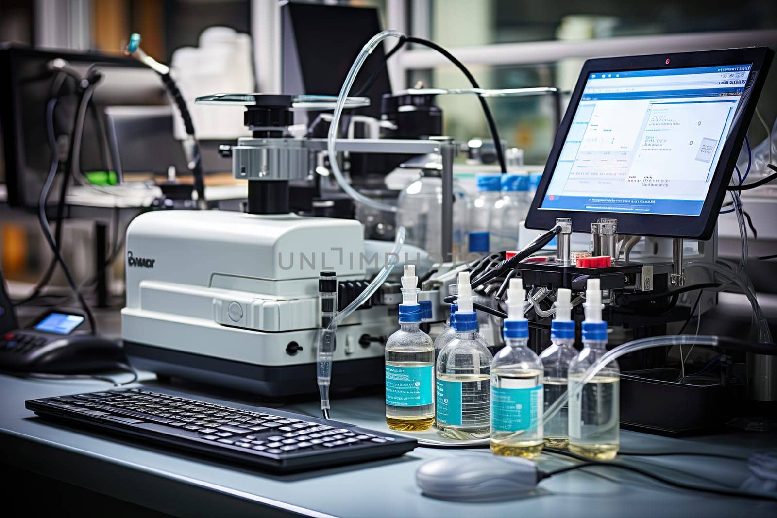 some laboratory equipment that is on the table in front of a computer monitor and two bottles with liquids next to it