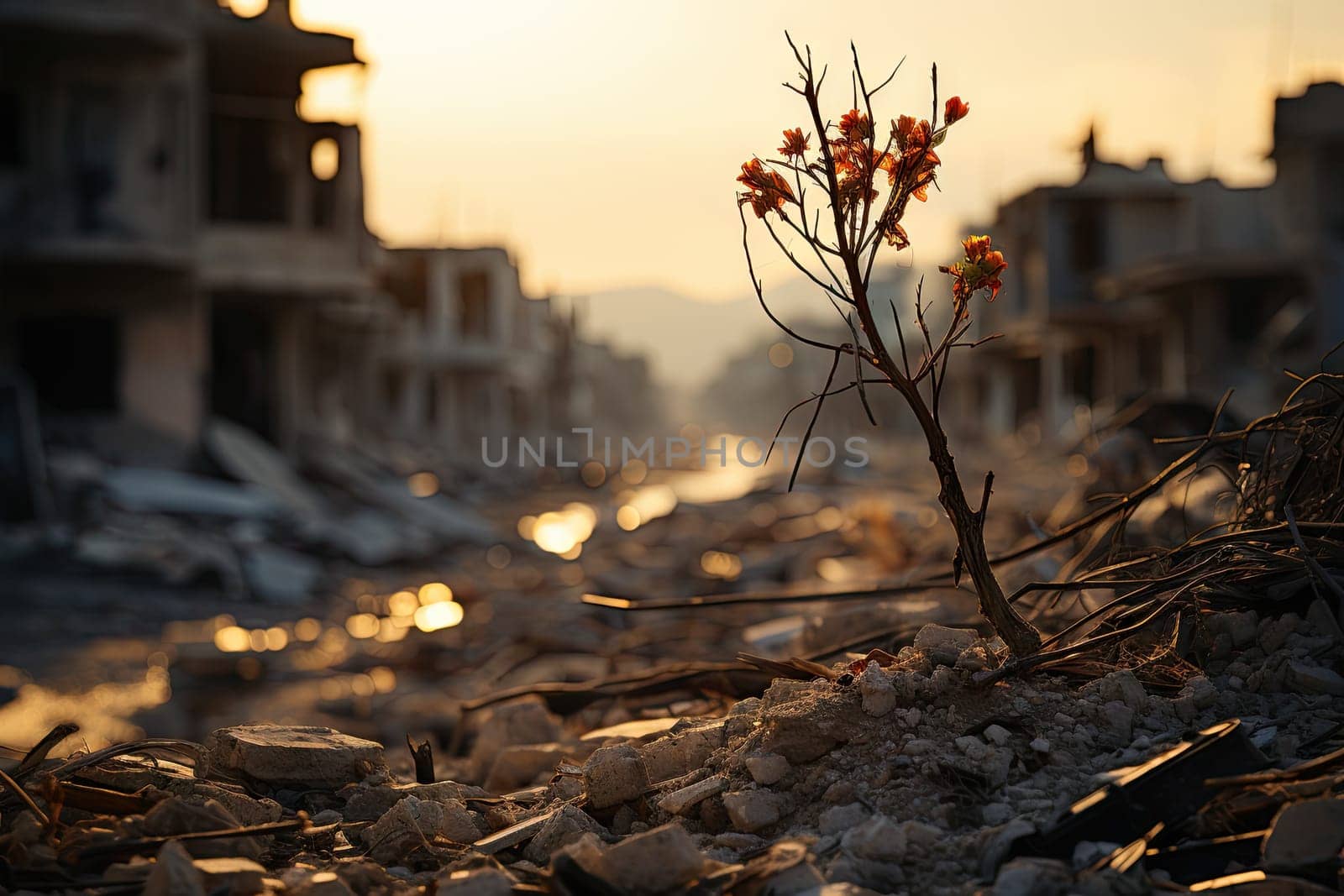 a flower in the middle of a rubble - strewn area with buildings in the background and sun shining through the sky