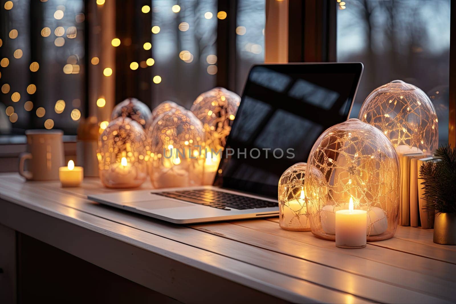 a laptop computer sitting on a table with lit candles by golibtolibov