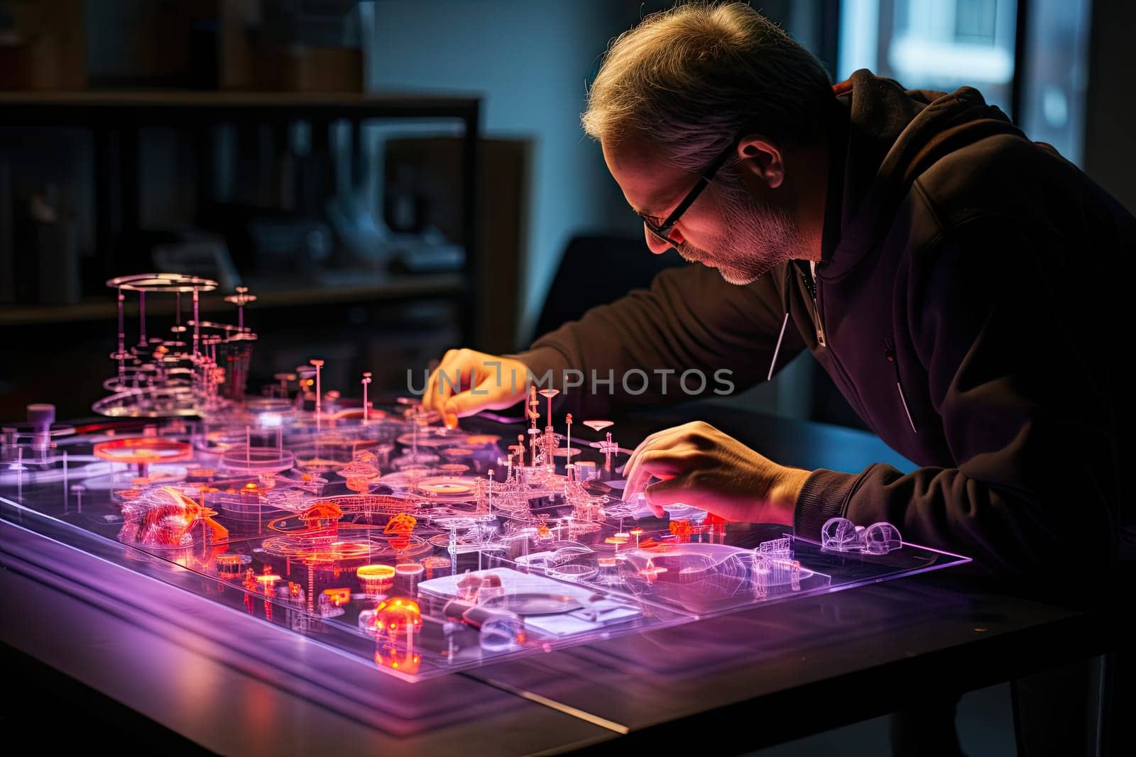 a man working on a science project in the dark room with purple light coming through his eyes and headphones