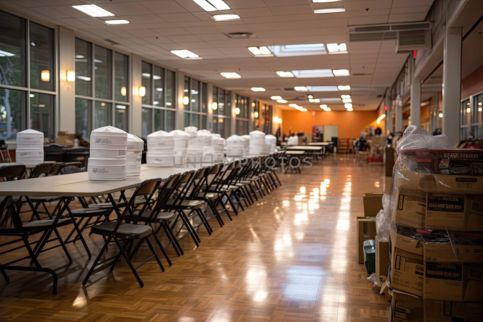 some tables and chairs in a room with lots of boxes on the floor next to each other tables are empty