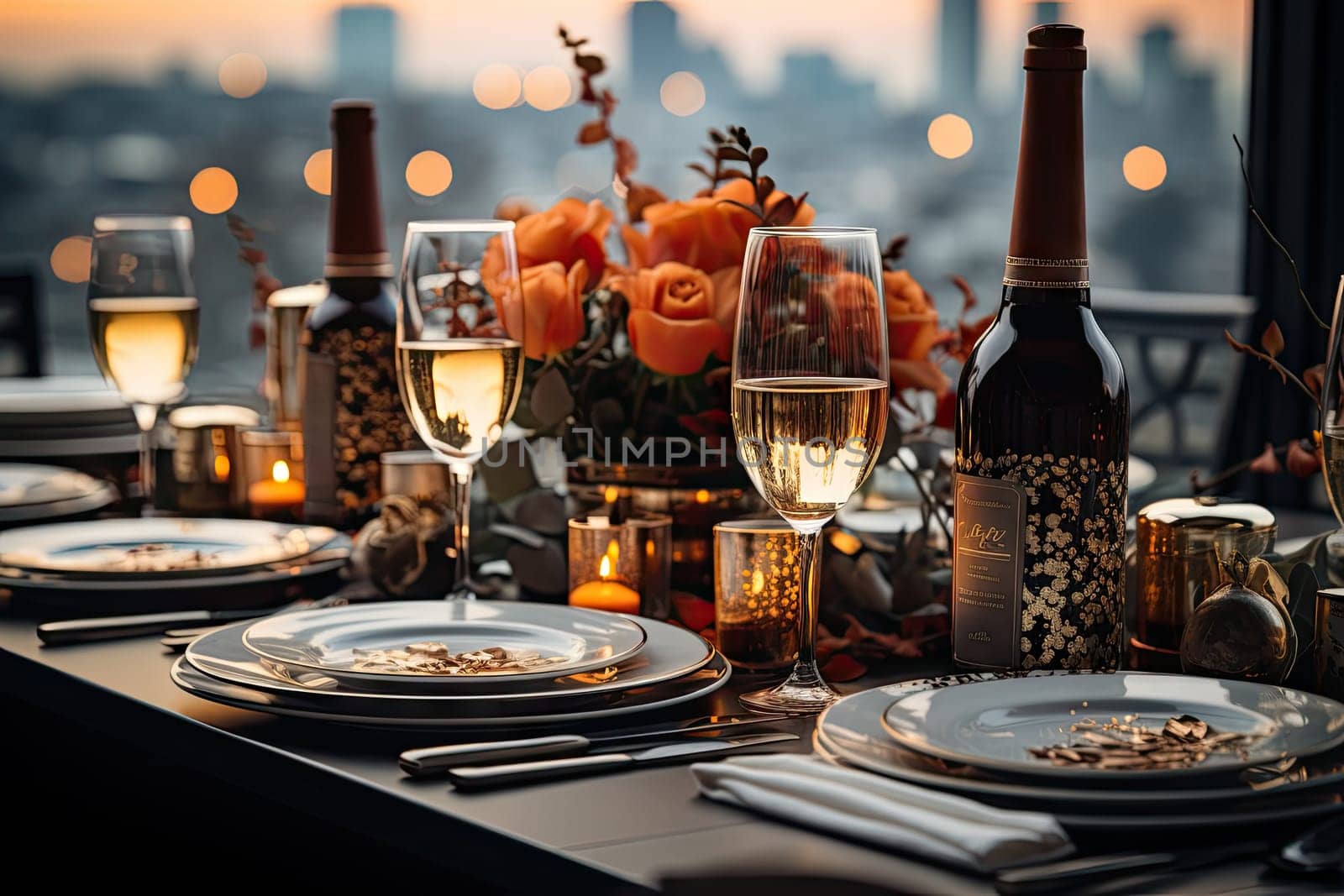 a dining table set with plates and wine glasses by golibtolibov