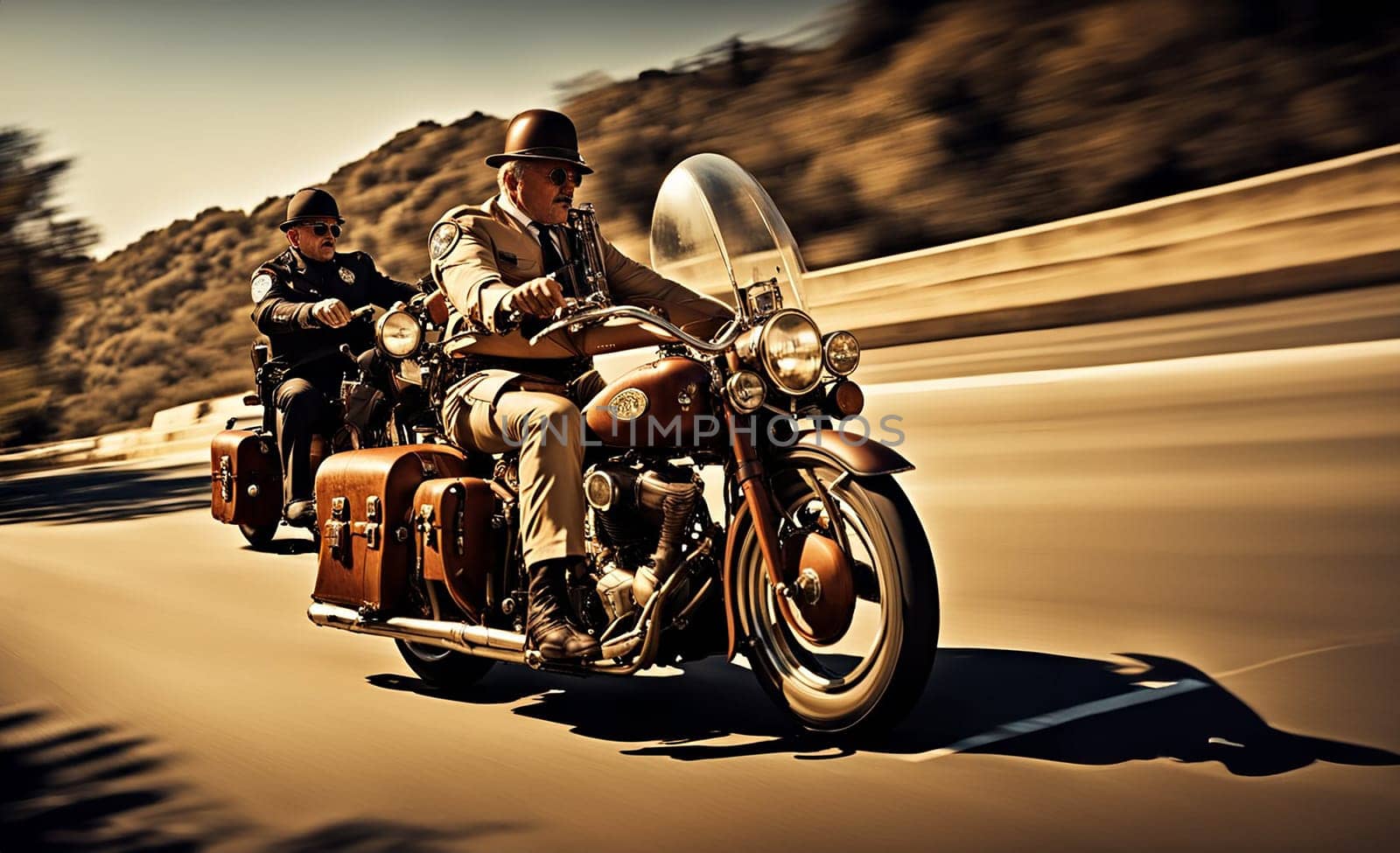 veteran chips police patrol on motorbikes riding steampunk bikes funny postcards generative ai art