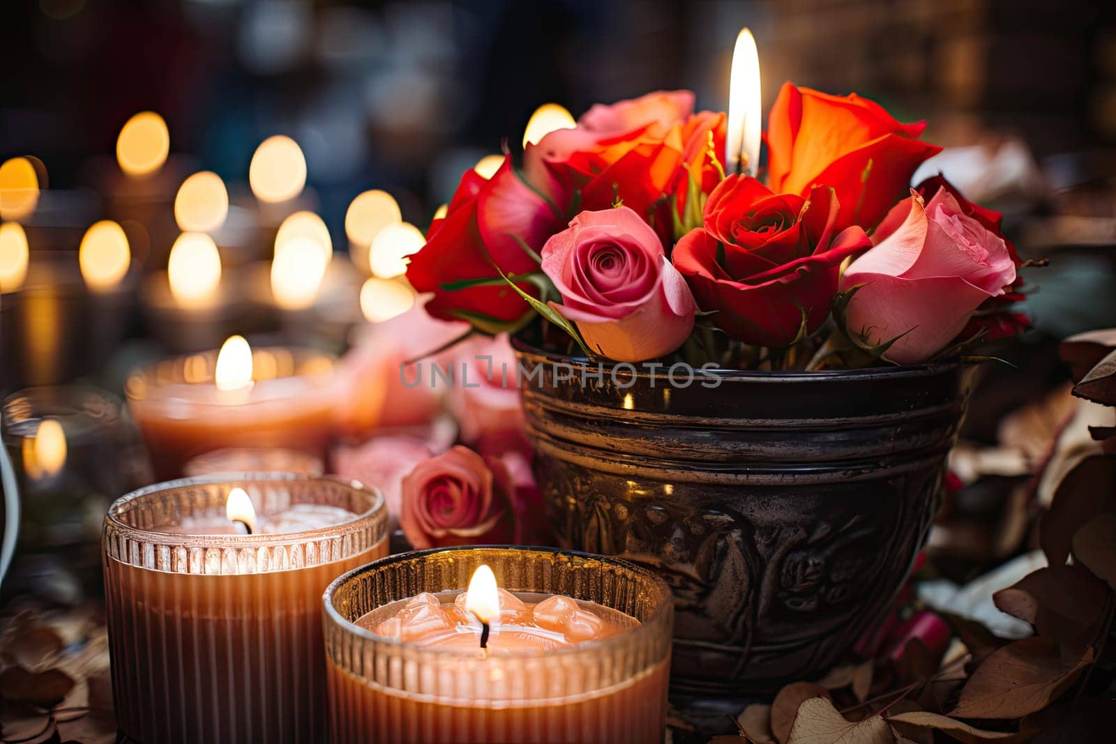 candles and flowers on a table with some roses in the vases next to each other lit candles are also visible