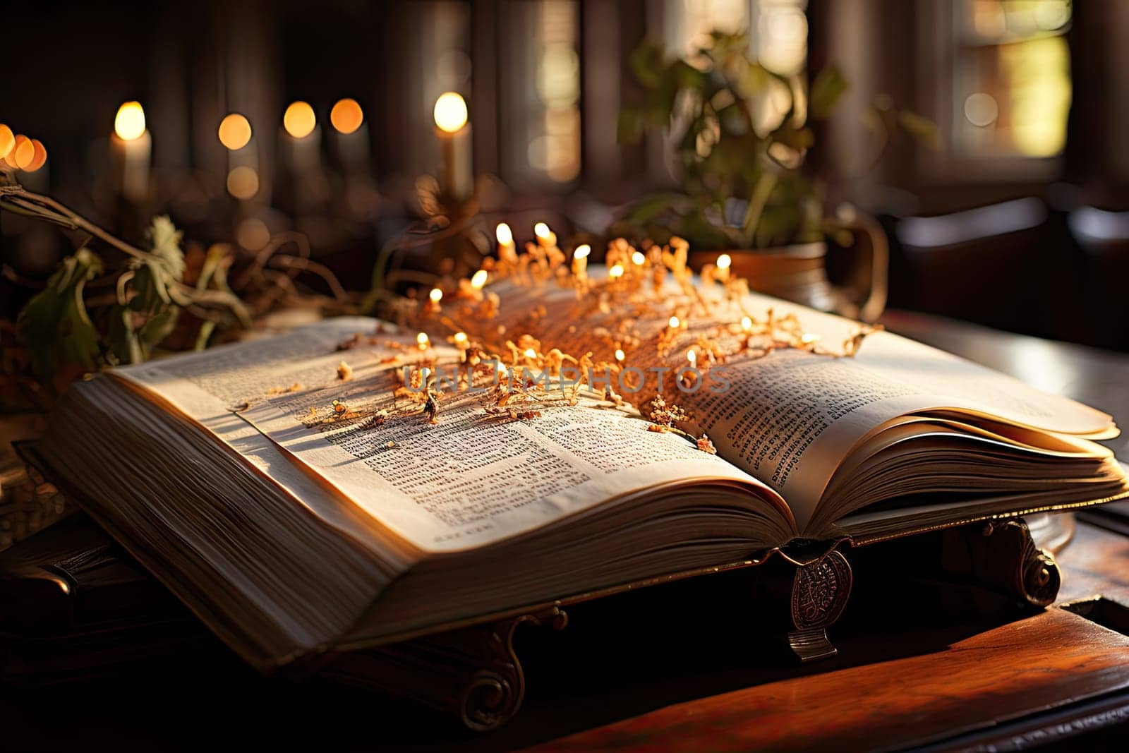 an open book sitting on top of a table with candles and flowers in the background, as if it's time to read