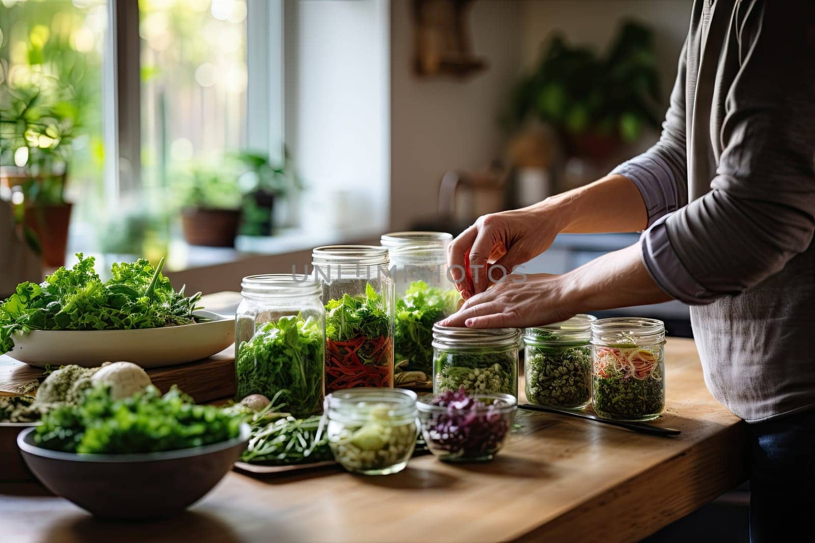 a person preparing food on a wooden cutting board in the background is an indoor kitchen setting with herbs and vegetables