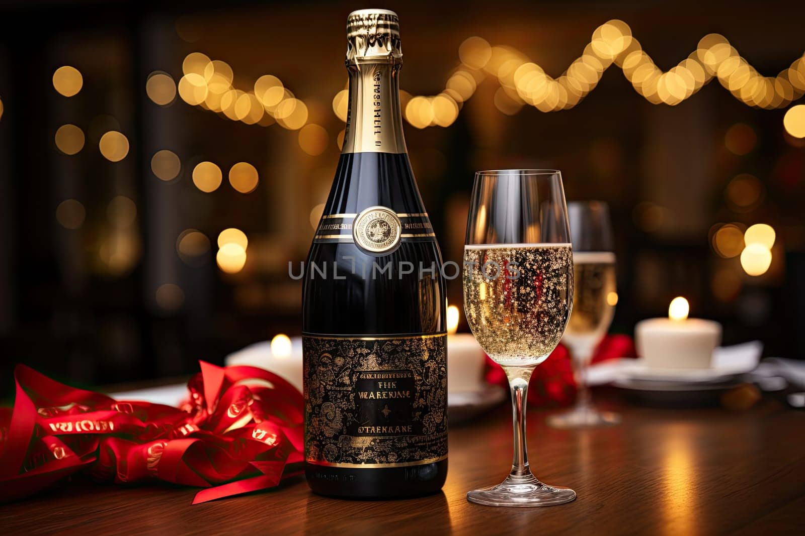 a bottle of champagne next to a wine glass on a table with christmas lights in the background and red ribbon