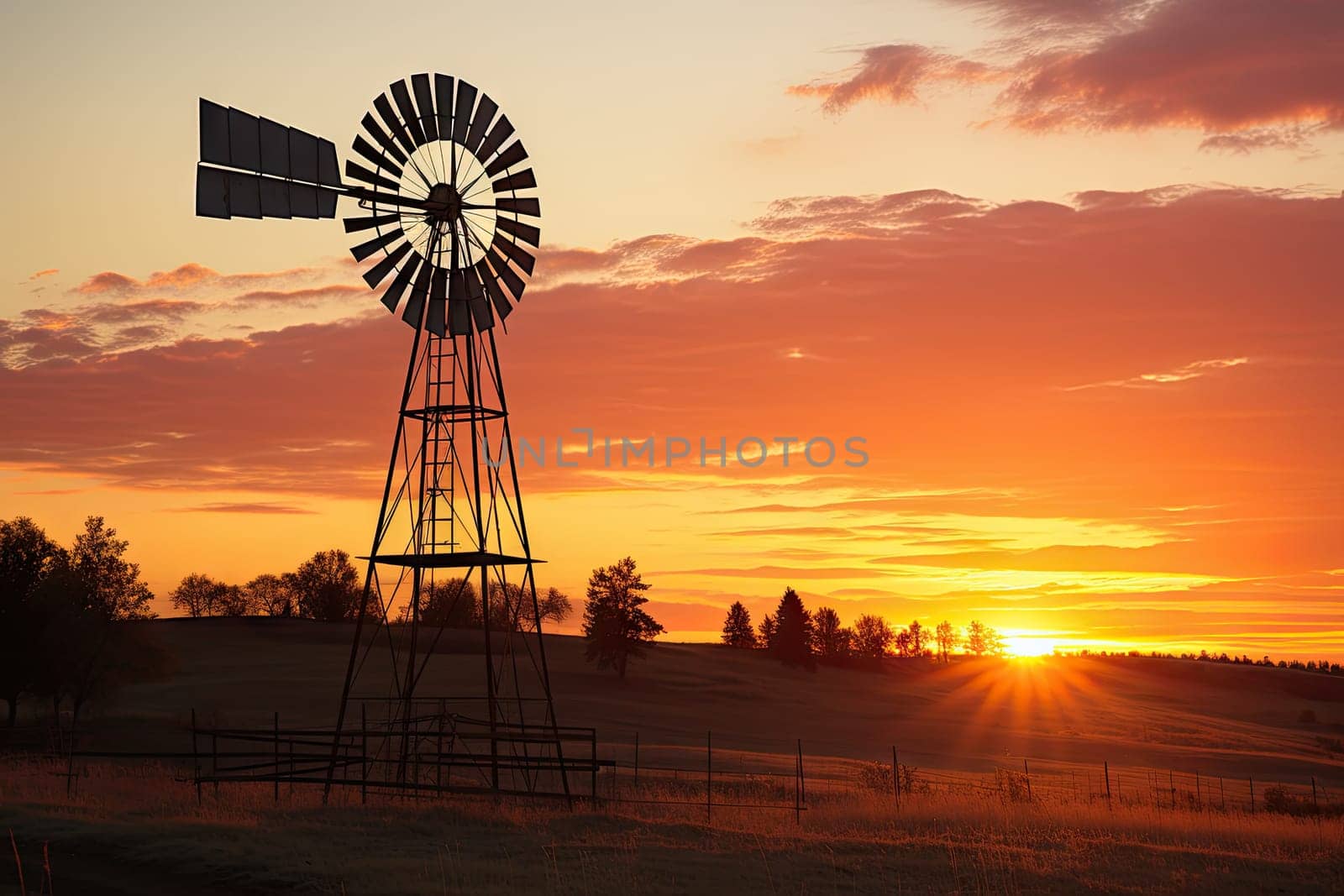 the sun setting behind a windmill in an open field with trees and grass on either side of the windmill is silhouetted by the