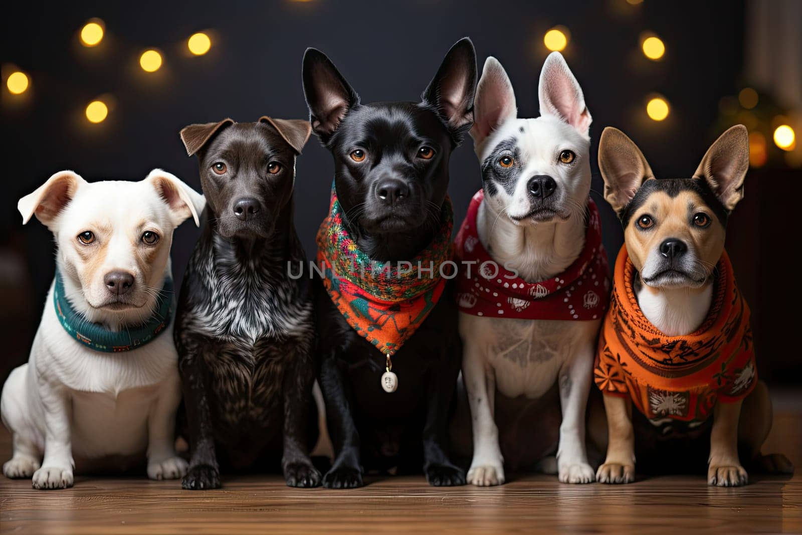 three dogs wearing bandas and sitting on a wooden floor in front of a christmas tree with lights behind them