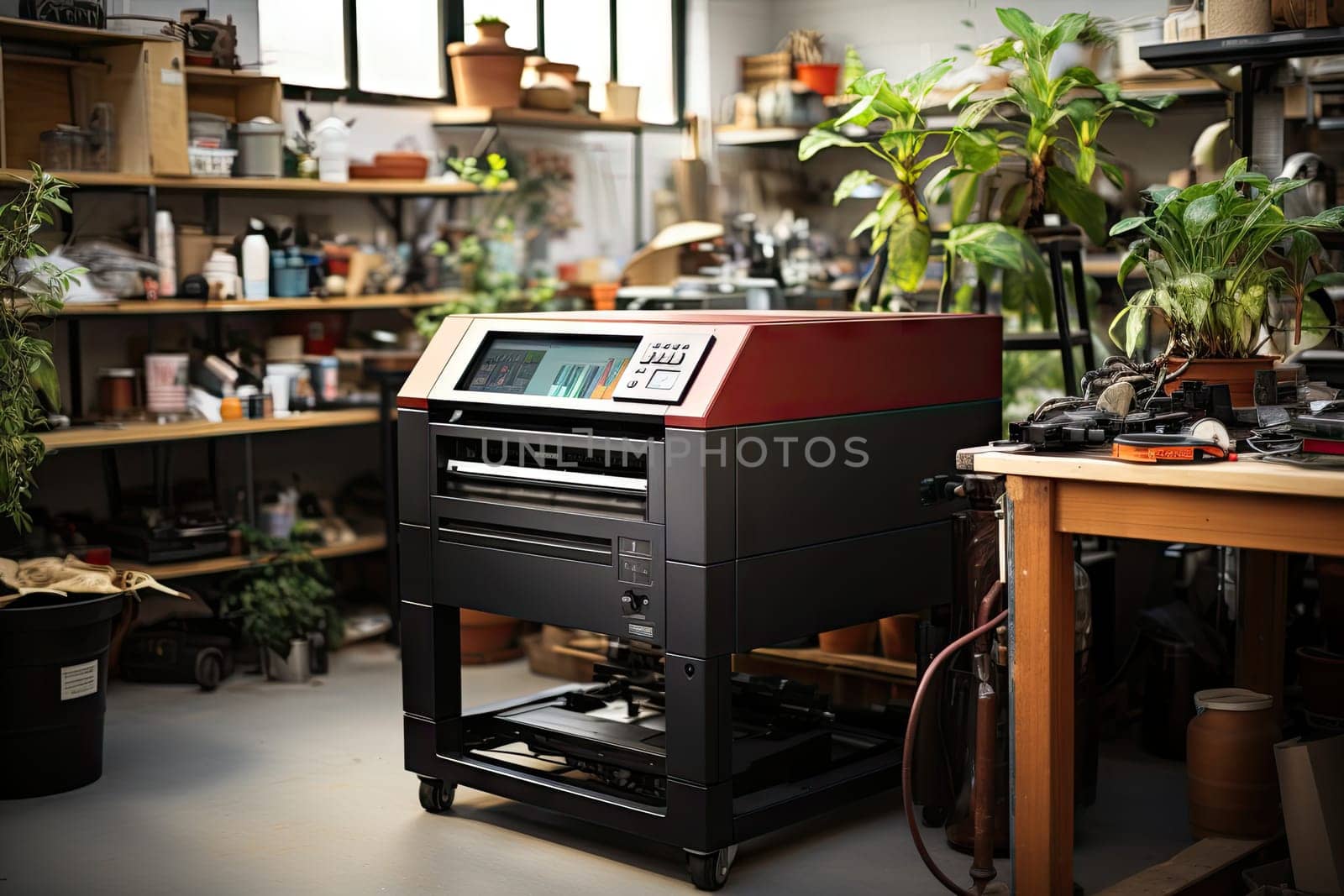 a printer sitting on top of a table in a room with lots of plants and other office supplies around it