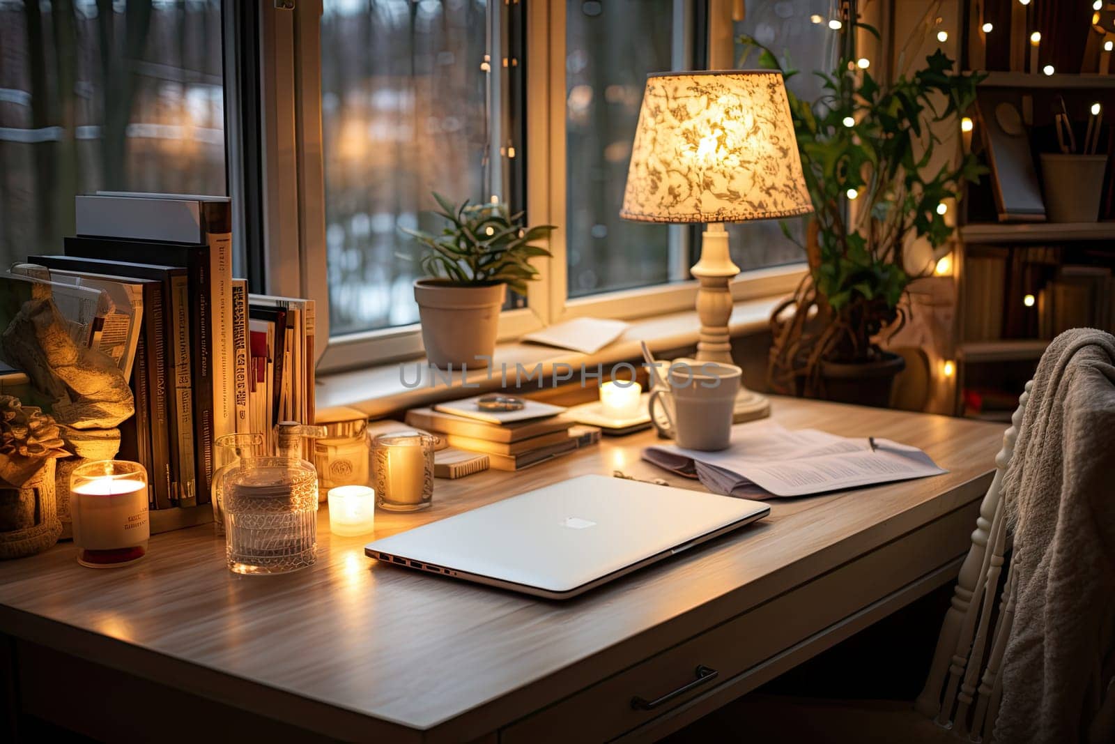 an open laptop on a desk with candles, books, and other items in front of the window at night time