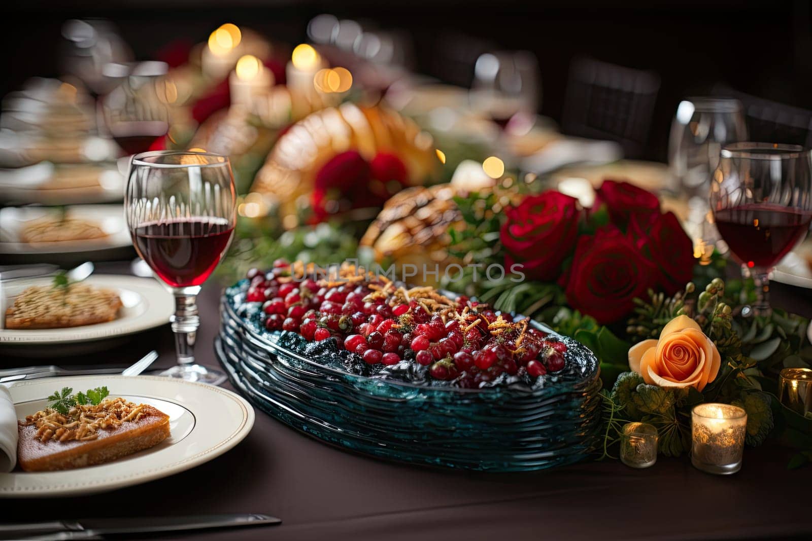 a table setting with flowers and candles in the background, as well for an event or special occasion to be