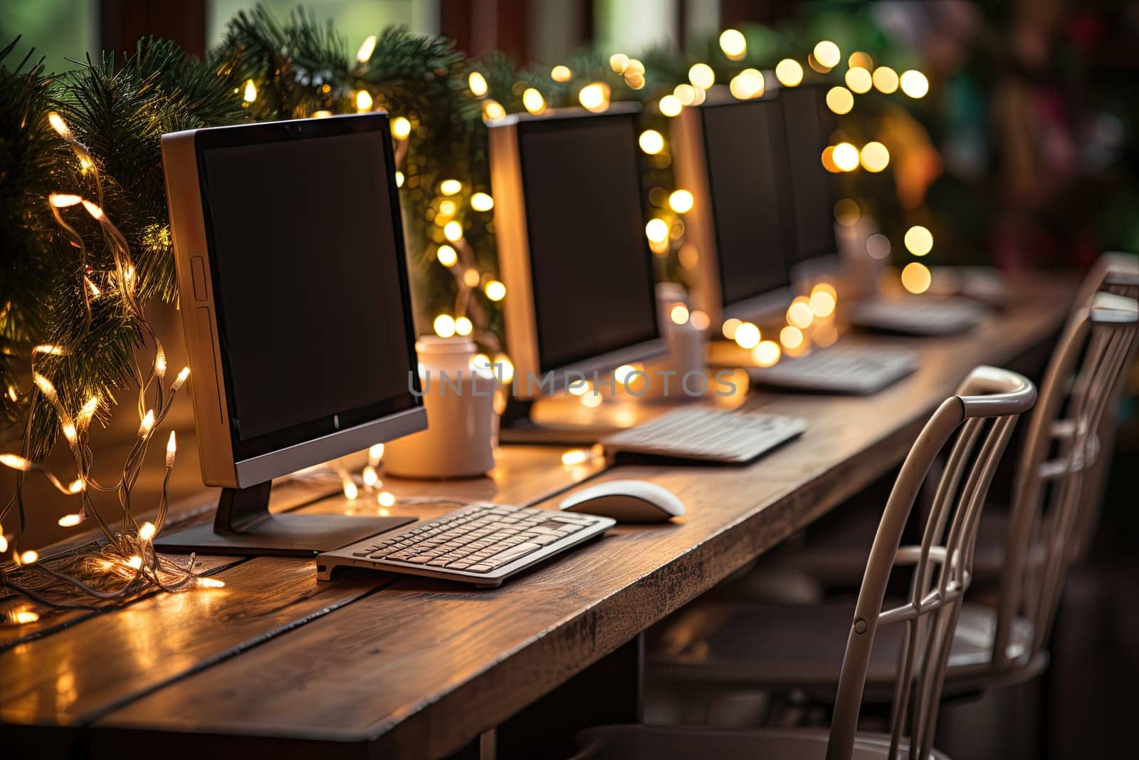two computers on a desk with christmas lights in the background and an image of a laptop, keyboard and mouse