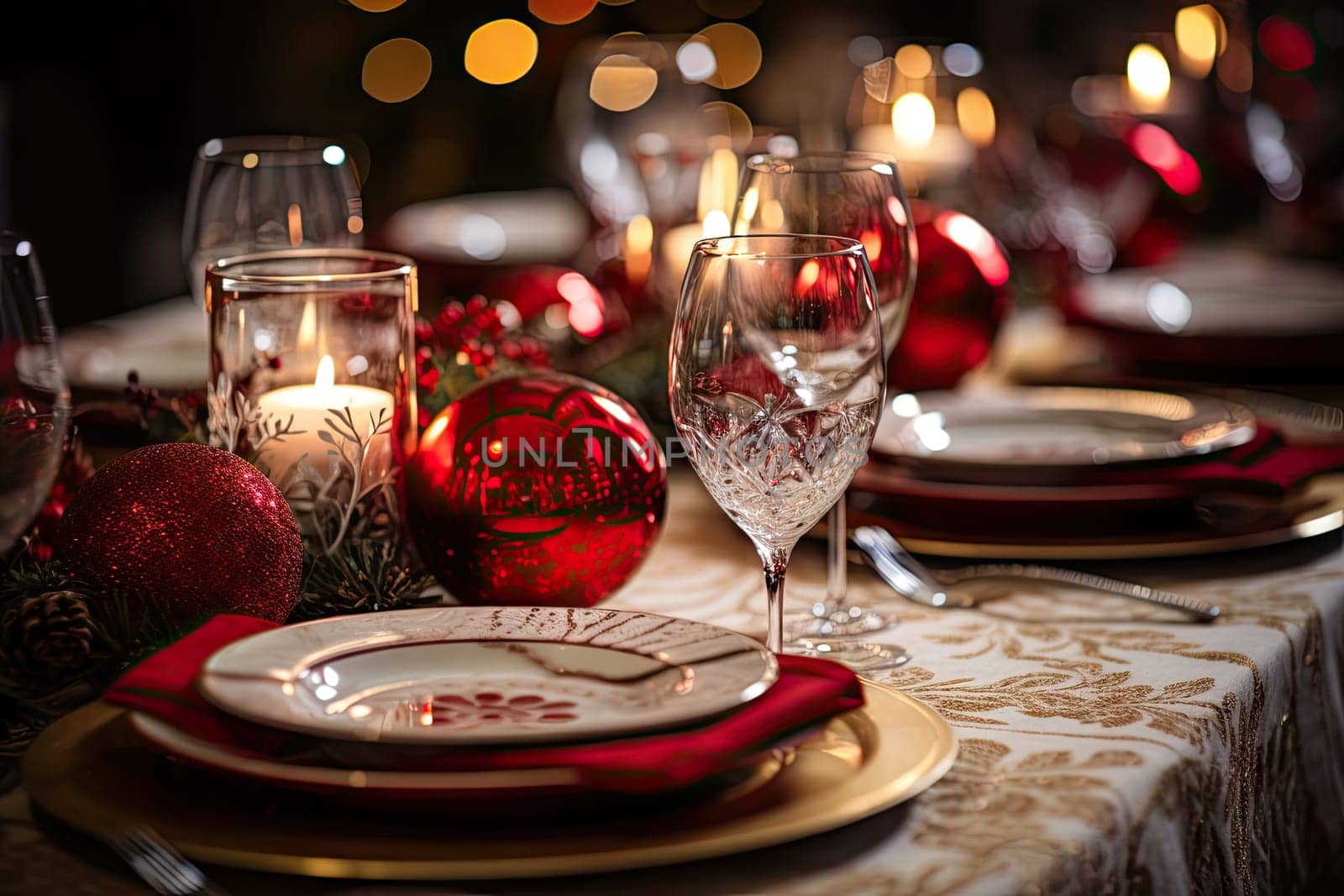 a table setting with christmas decorations on the placemats and candles lit in the dark night sky behind it