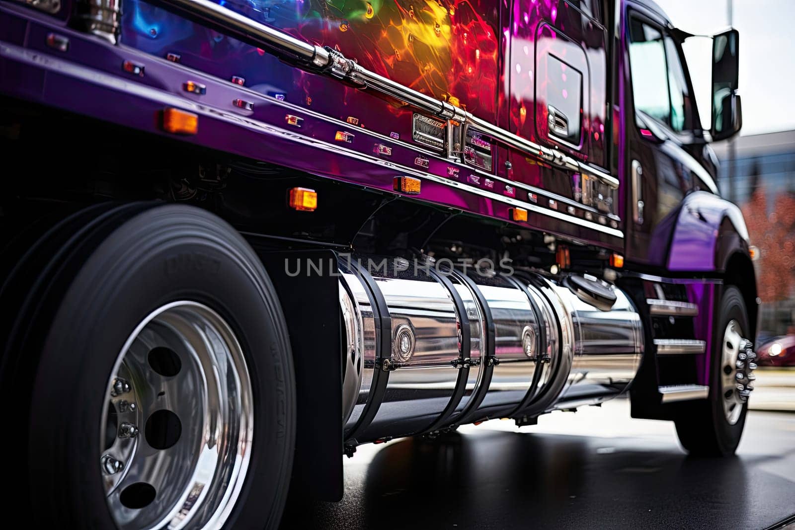 a semi truck driving down the street in front of a building with colorful lights on it's sides and rims