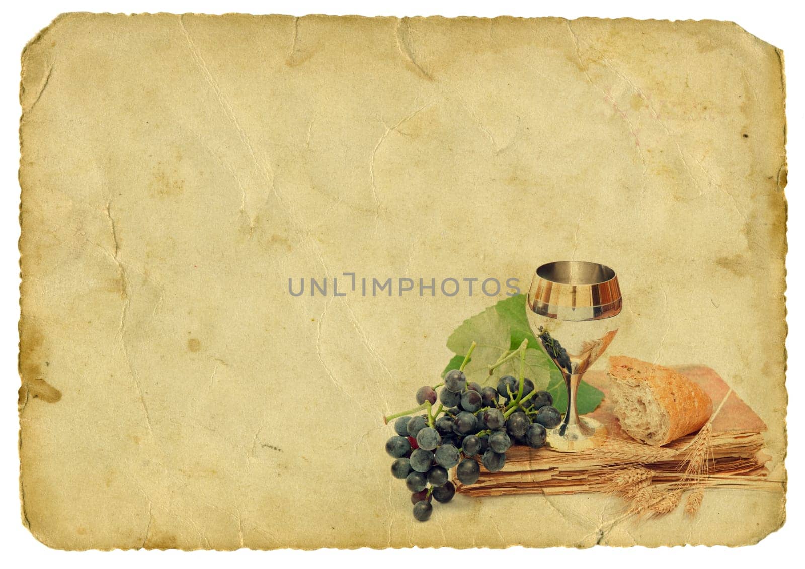 Holy communion elements on old paper background. Isolated on whi