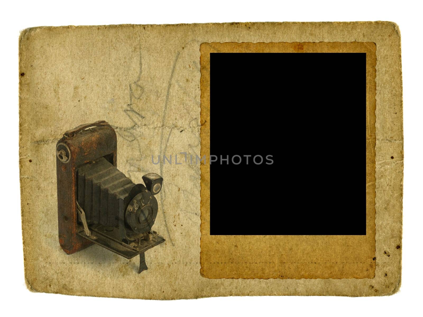 Vintage photo frame, with scalloped edge and vintage large format camera on old paper background.