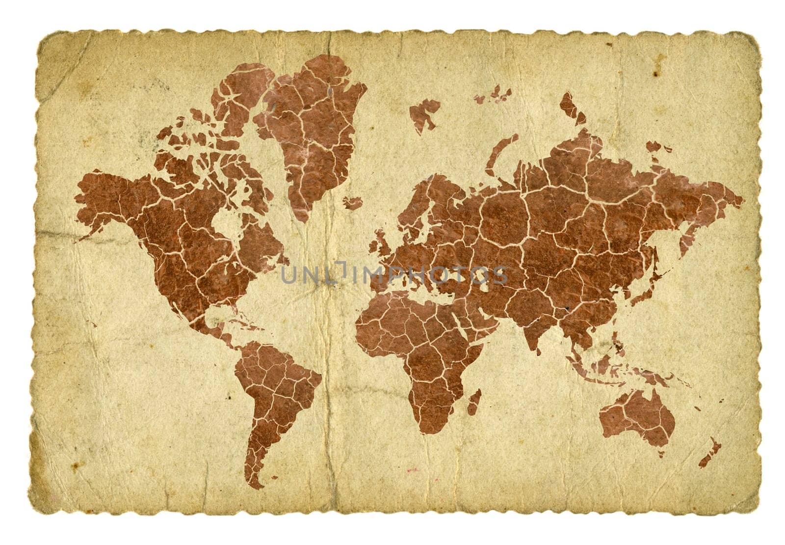 Cracked and dry earth map on vintage background. Isolated on white.