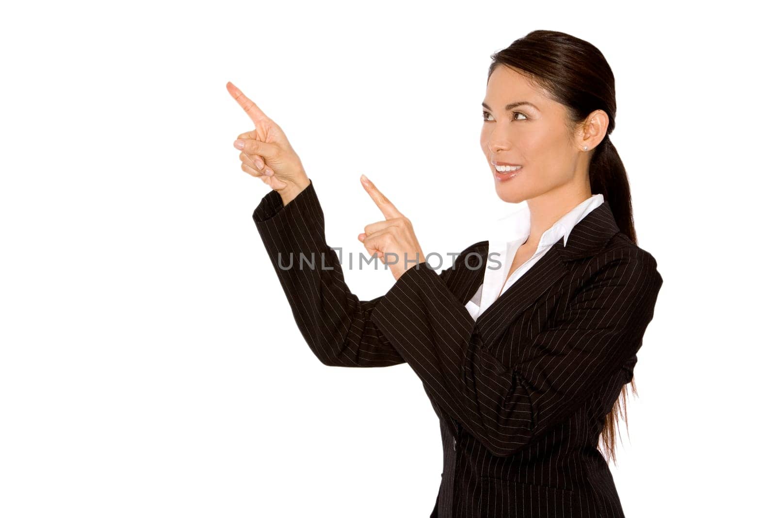 asian business woman pointing with hands on something
