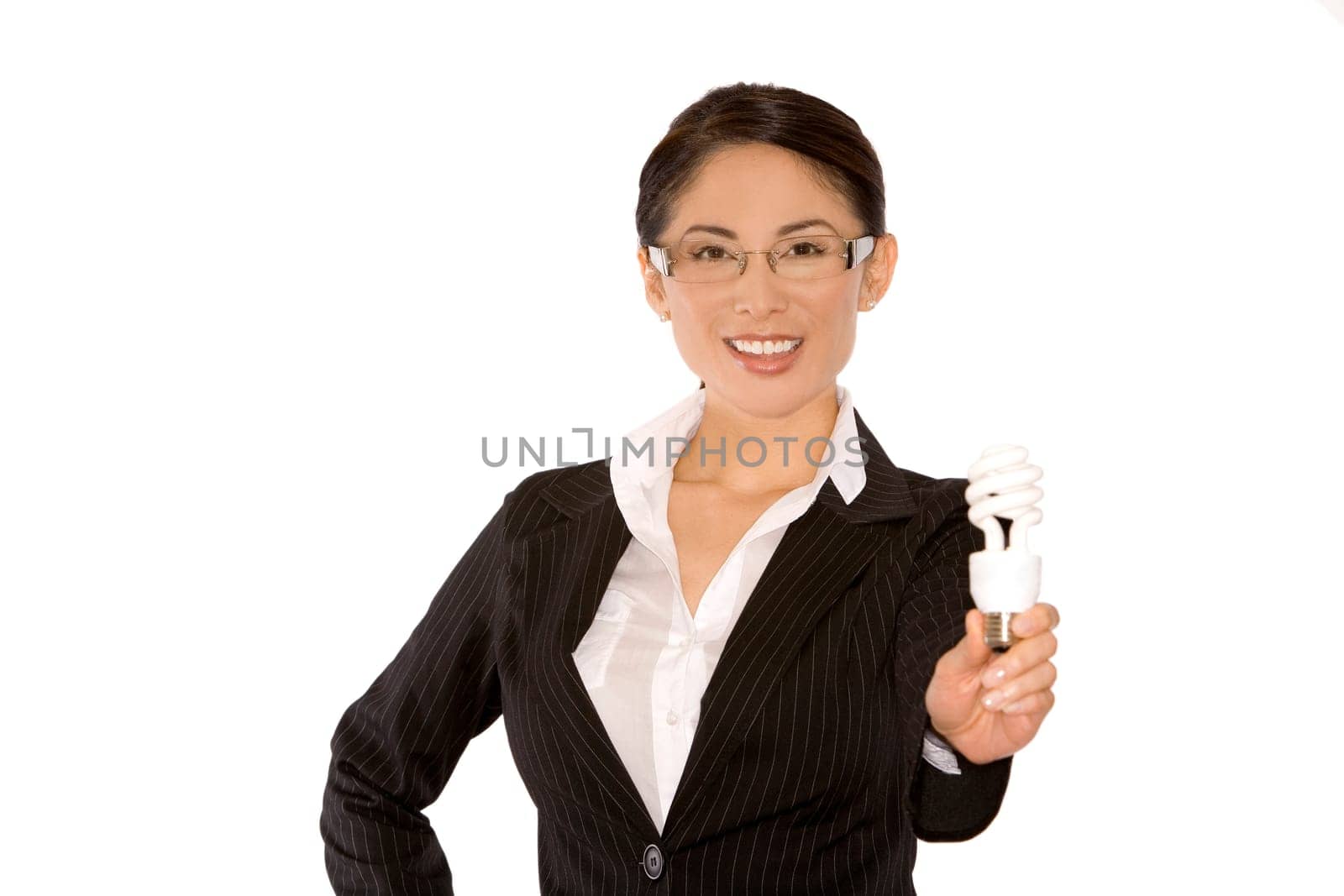 pretty asian wearing business outfit holding bulb