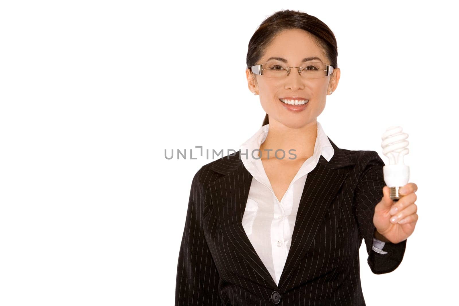 pretty asian wearing business outfit holding bulb
