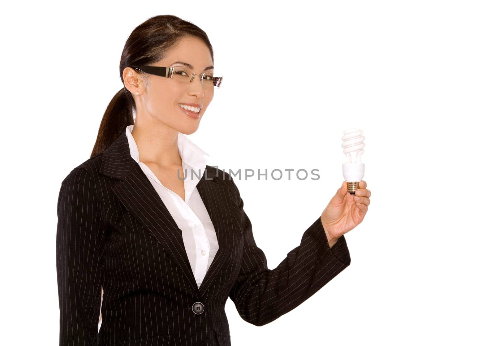 pretty asian wearing business outfit holding bulb