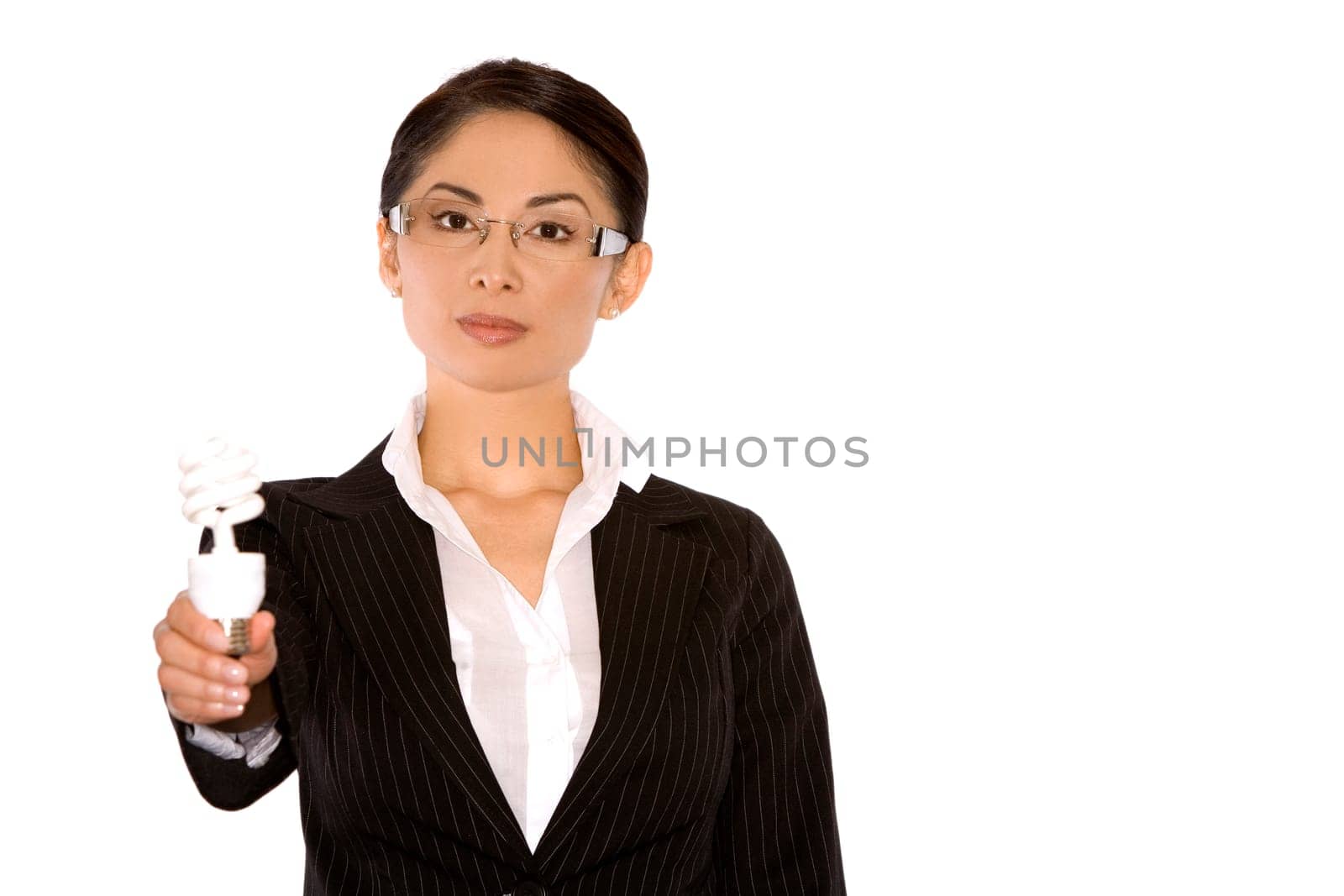pretty asian wearing business outfit holding bulb