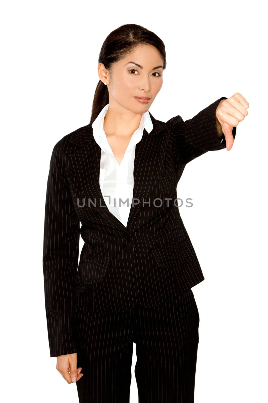 asian business woman holding her thumb down on white